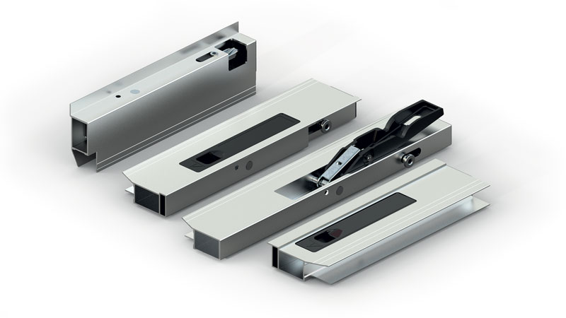 Klever’s aluminium side panel struts. Practical and light, in more than 100 variations, they allow the side rails to be closed quickly and safely. Available in various heights, with the possibility of choosing between plastic or steel handles.