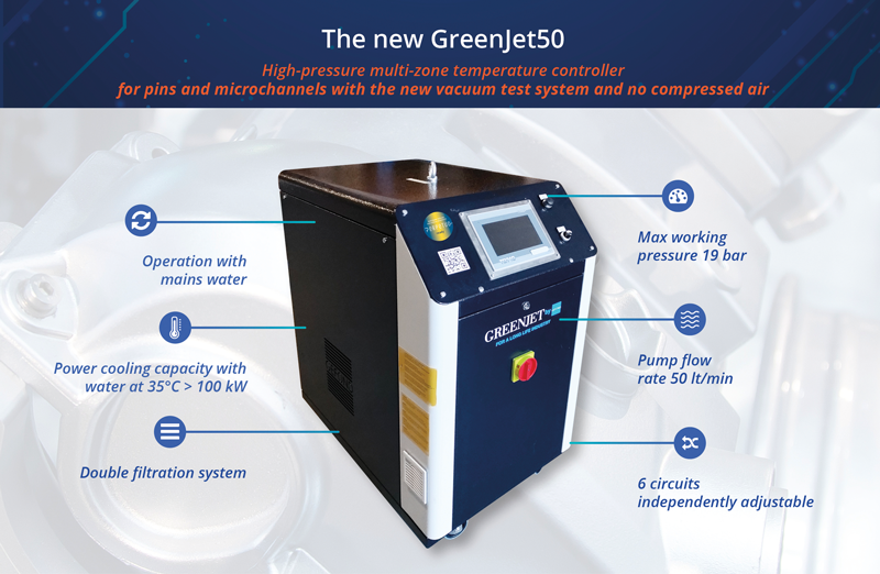 Nuovo Greenjet 50 con tecnologia jetcooling. Termoregolatore multizona ad alta pressione per spine e microcanali con il nuovo sistema di collaudo in depressione e senza utilizzo di aria compressa