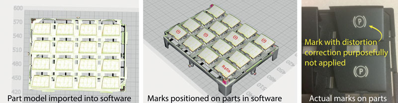 4. Per utilizzare il sistema di marcatura 3D SmartMap di Coherent, viene importato nel software un modello CAD del pezzo, e l’utente posiziona le marcature desiderate sul pezzo o sui pezzi. I risultati finali mostrano che la correzione della distorsione è necessaria per ottenere la corretta geometria della marcatura sul pezzo. 4. Per utilizzare il sistema di marcatura 3D SmartMap di Coherent, viene importato nel software un modello CAD del pezzo, e l’utente posiziona le marcature desiderate sul pezzo o sui pezzi. I risultati finali mostrano che la correzione della distorsione è necessaria per ottenere la corretta geometria della marcatura sul pezzo.