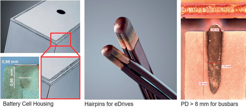 Figura 2. Esempi di applicazione della saldatura BrightLine Welding su rame, alluminio e acciaio. (©TRUMPF group)