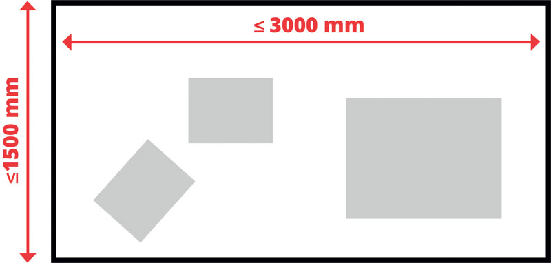 SVS2, grazie all’utilizzo di due telecamere, ha un campo di lavoro molto più esteso, fino a 3.000 x 1.500 mm.