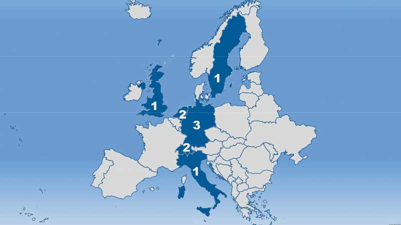 Distribuzione delle aziende europee con il numero di aziende per nazione.