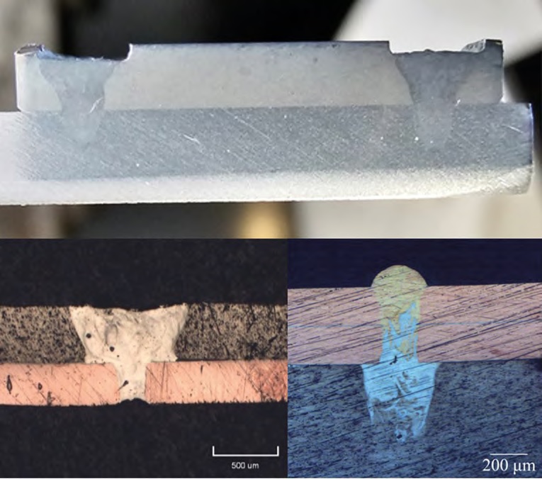 Figura 5. Saldature laser per trasparenza su lamiere sottili (Al-Al in alto, Al-Cu in basso a sx e Cu-Al in basso a dx).
