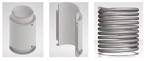 Figura 2 - Modello CAD (a sinistra) e sezione del cilindro mantecatore (centro) con canale elicoidale interno (a destra).