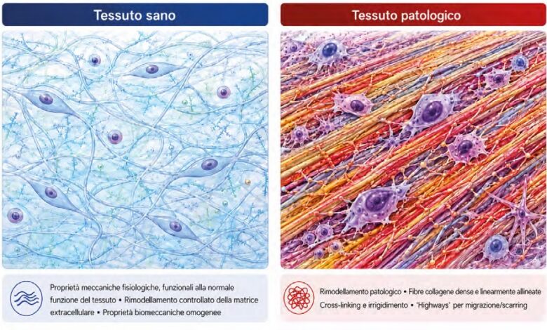 Fig 1. Confronto schematico tra tessuto sano e tessuto patologico. Nel tessuto sano, proprietà meccaniche fisiologiche e un rimodellamento controllato della matrice extracellulare contribuiscono alla normale funzione del tessuto. Nei tessuti patologici, come tumori e fibrosi, il rimodellamento della matrice, il cross-linking e l’allineamento delle fibre di collagene sono associati a un aumento della rigidità e ad alterazioni della funzione tissutale.