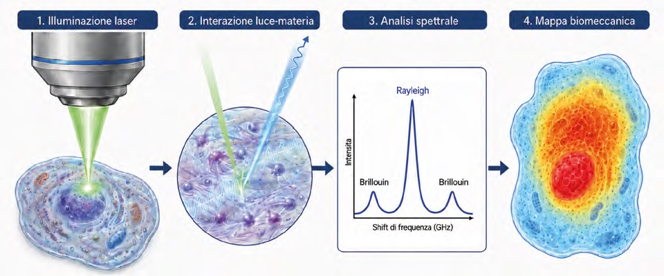 Fig 2. Principio di funzionamento della microscopia Brillouin. Un fascio laser illumina il campione e interagisce con le onde acustiche che si propagano in maniera spontanea all’interno del materiale. La luce diffusa presenta un piccolo shift in frequenza, misurato mediante analisi spettrale e utilizzato per ricostruire mappe delle proprietà biomeccaniche di cellule e tessuti.