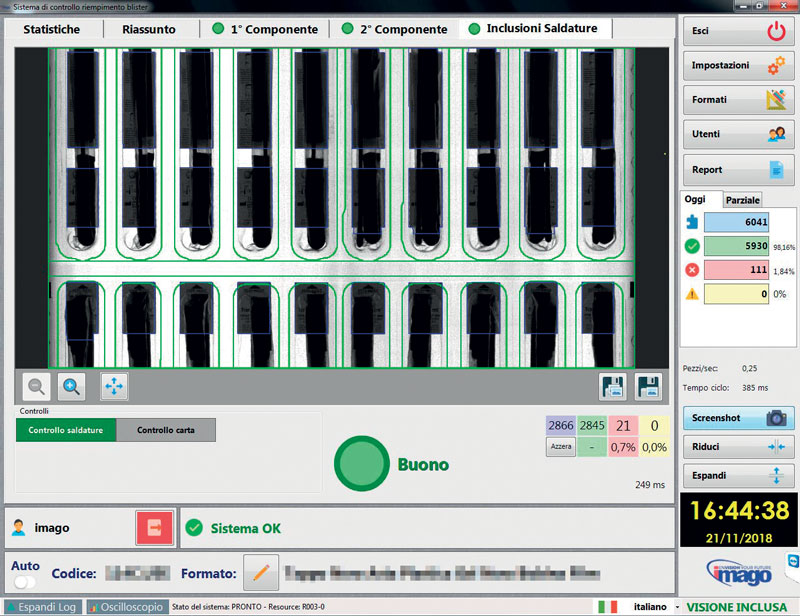 The control software makes it possible to stop the machine in case of pieces or extraneous matters in the work areas.