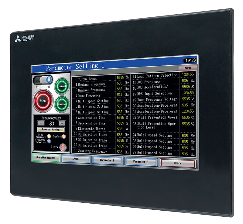 The GOT GS2107 series touch screen operator panel by Mitsubishi Electric allows the extremely intuitive and fast setting of machine parameters.