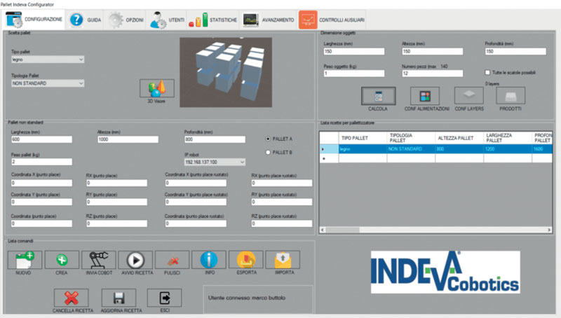 Il software di pallettizzazione, sviluppato da INDEVA Cobotics, è in grado di gestire scatole di diverse dimensioni.