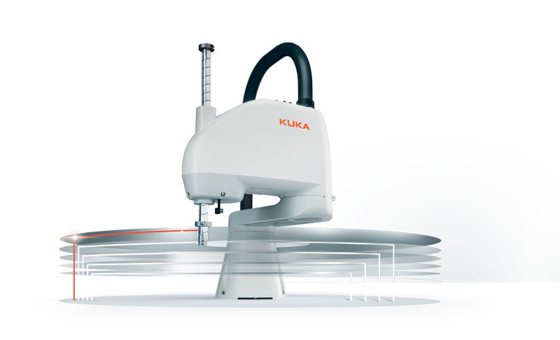 KUKA KR SCARA ha portata fino a 6 kg e una ripetibilità molto fine di 0,2 mm.