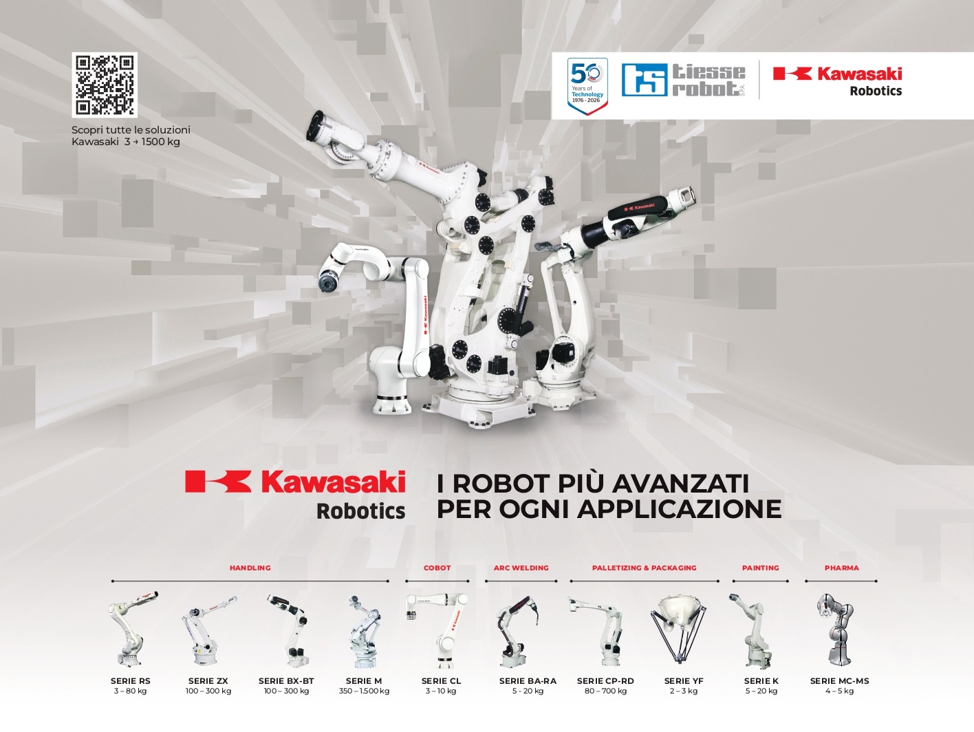 Tiesse Robot, filiale italiana di Kawasaki Robotics, celebra 50 anni di esperienza tra robotica industriale, integrazione applicativa e formazione tecnica.