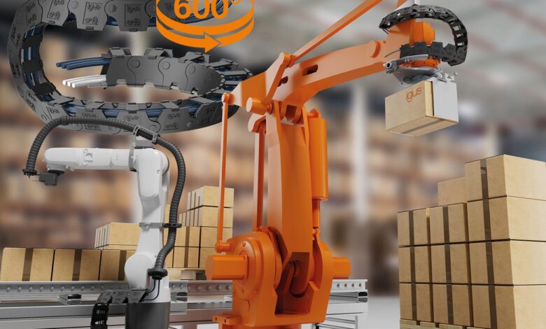 Un prodotto, due soluzioni: la nuova catena twisterchain autoportante di igus garantisce alimentazione sicura con rotazioni oltre 600° e montaggio rapido, massima flessibilità e lunga durata d'esercizio per le applicazioni robotiche. (Fonte: igus SE & Co. KG)