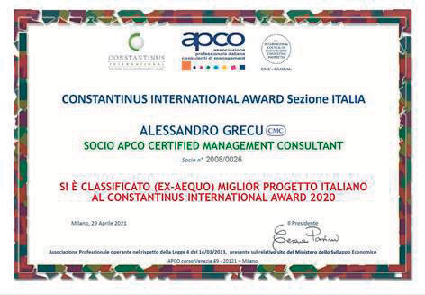 Il certificato del Constantinus International Award 2020 - Sezione Italia.