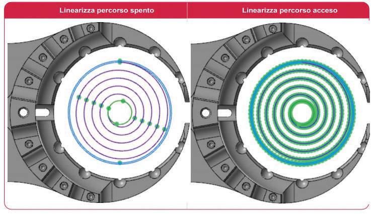 x Con Mastercam 2022 è possibile linearizzare un percorso Fresatura Cerchi con la nuova opzione “Percorso Utensile Linearizza”.