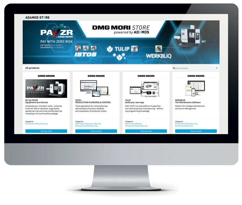 Inizialmente gli utenti troveranno quattro prodotti DMG MORI STORE: la macchina M1 con il nuovo modello di business PAYZR offerta come equipment-as-a-service, nonché le soluzioni software-as-a-service di ISTOS, TULIP e WERKBLIQ.
