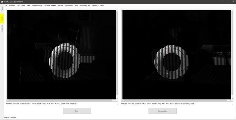 Interfaccia grafica del software durante una scansione con luce strutturata.