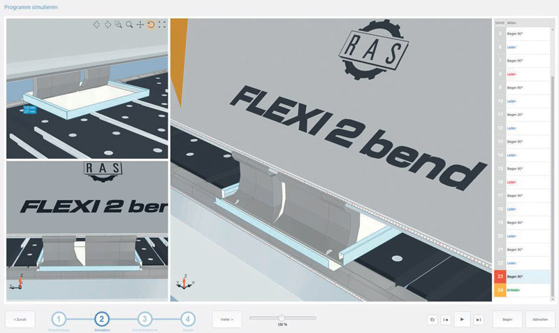 Con FLEXI2bend è possibile programmare automaticamente i pezzi, valutare strategie di piegatura alternative e mostrare sul monitor la simulazione della sequenza di piegatura in 3D.