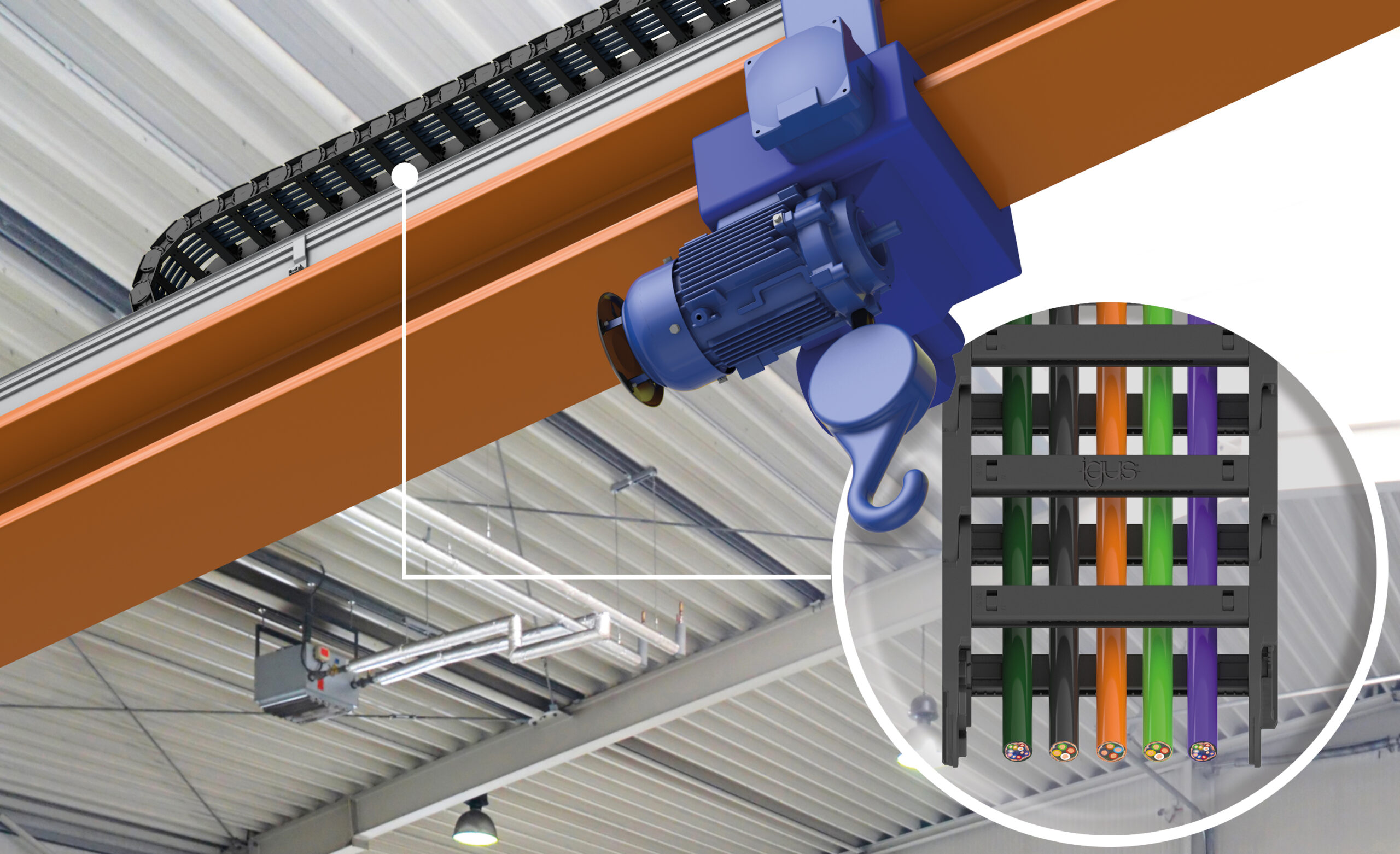 igus ha sviluppato glide-chain, la nuova catena portacavi leggera ed economica, ideale per applicazioni in scorrimento come le gru indoor. (Fonte: igus GmbH)