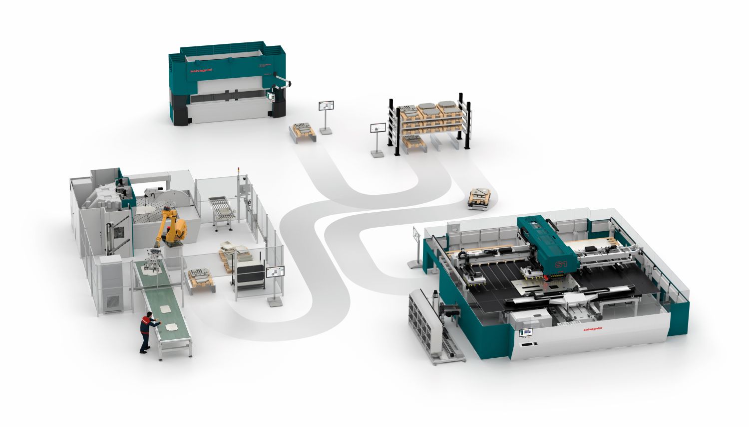 A Blechexpo 2025, Salvagnini propone un Flexible Smart Job Shop composto da combinata punzonatrice-laser S1, pannellatrice robotizzata P-Robot equipaggiata con sistema di visione artificiale RVS e pressa piegatrice B3.AU-TO