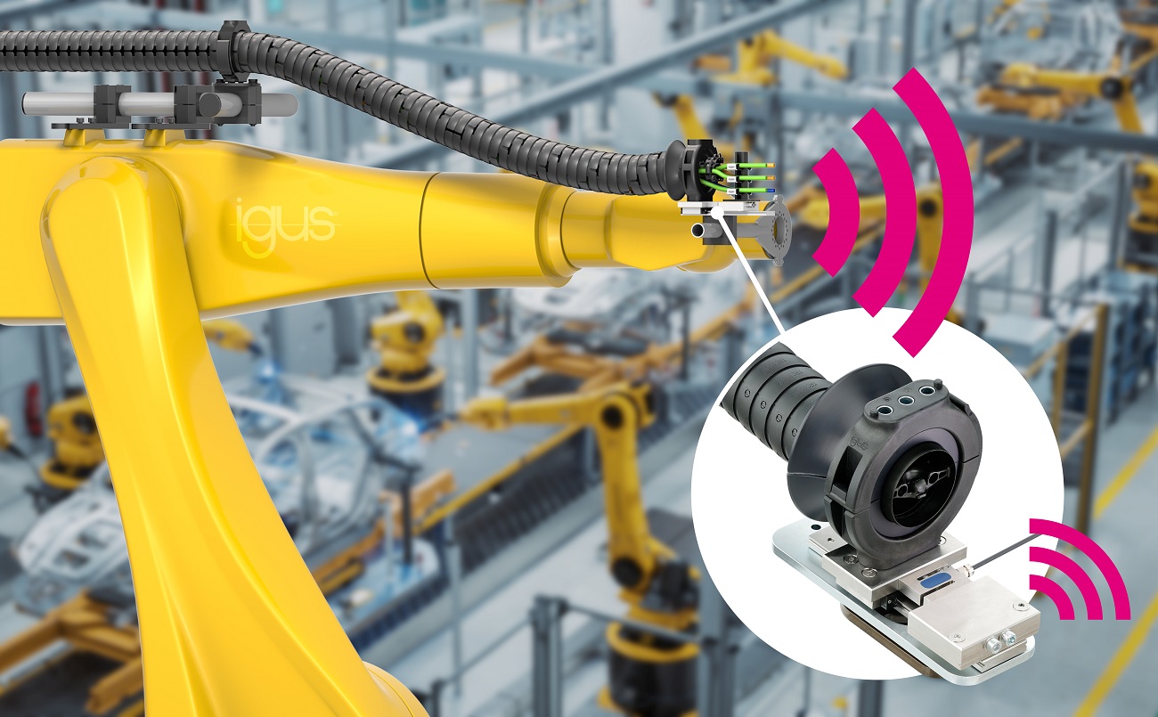 igus ha sviluppato il nuovo sensore smart plastics TR.P per il monitoraggio intelligente delle forze di trazione nei sistemi per catene portacavi triflex impiegate sui robot nel settore automotive. (Fonte: igus SE & Co. KG)