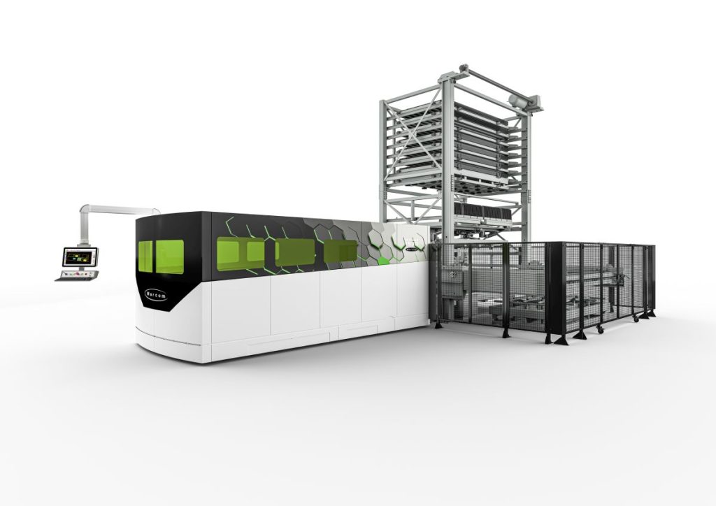 La macchina W-FIBER di Warcom con magazzino automatizzato a torre e sistema di sorting.