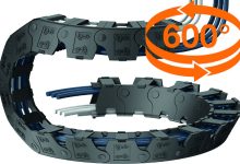 La nuova catena portacavi di igus twisterchain autoportante con angolo di rotazione fino a 600° per applicazioni robotiche.