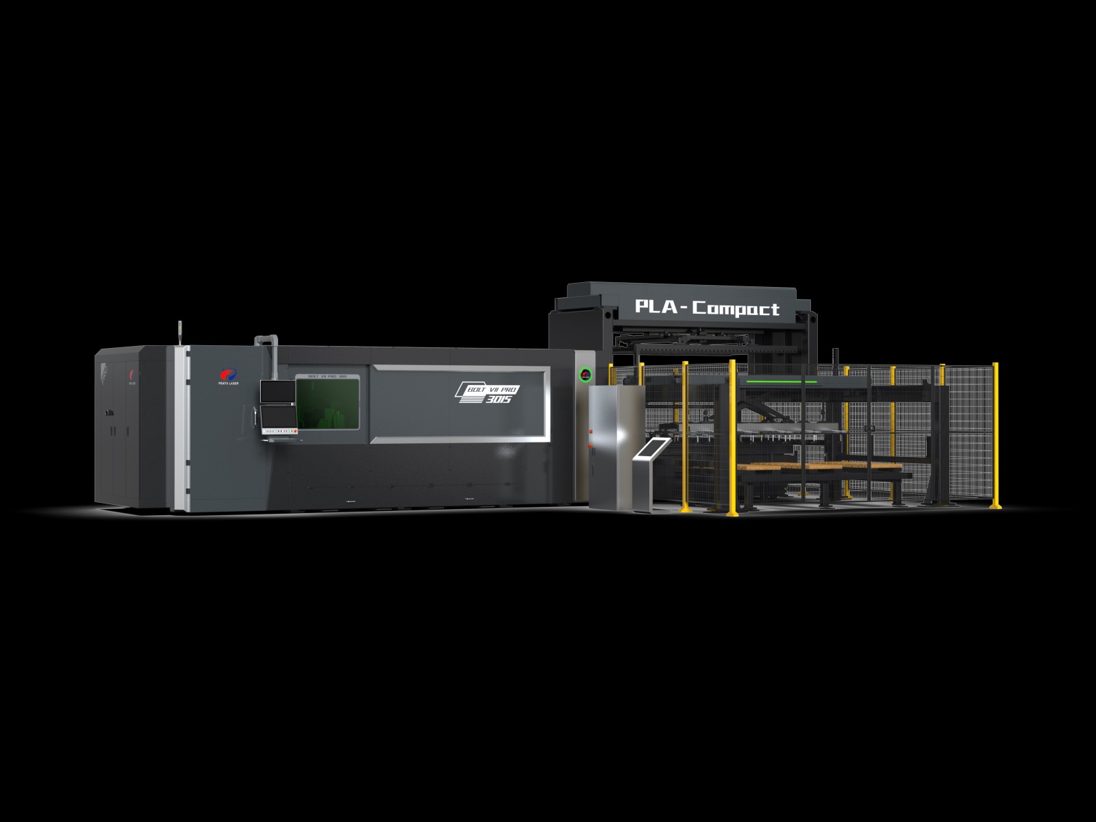 BOLT VII PRO è una macchina di Penta Laser affidabile e ad alte prestazioni, progettata per applicazioni ad alta potenza e ad alta dinamica. A destra la versione con sistema carico e scarico automatico PLA-Compact