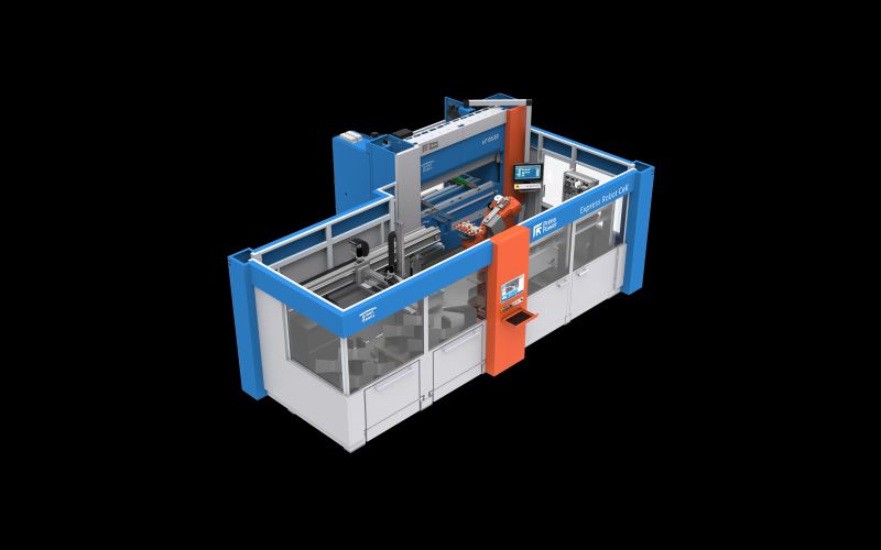 Express Robot Cell di Prima Power con la piegatrice elettrica eP 0520 integrata in una cella robotizzata compatta. —