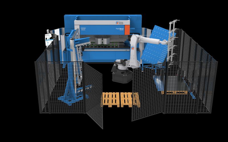 La piegatrice FBe2720 Fast Bend di Prima Power integrata in una cella robotizzata con robot antropomorfo a sei assi.