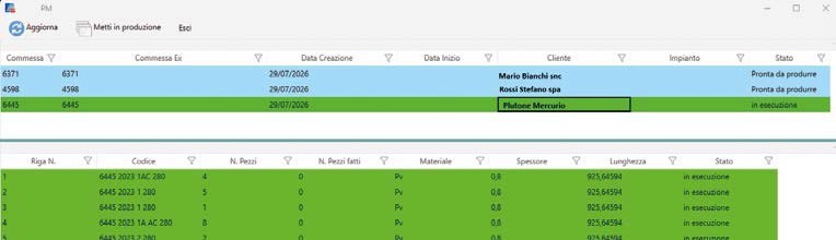 Per alcune macchine può essere visualizzato un elenco contenente la commessa in lavorazione e quelle pronte da produrre.