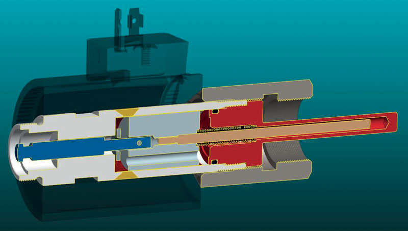  3D view of proportional solenoid: coil/actuator interaction.
