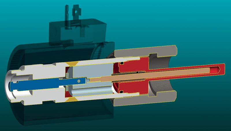 Vista 3D del solenoide proporzionale: interazione tra bobina e attuatore.