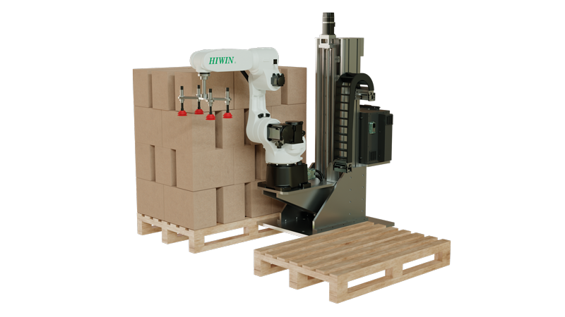 I visitatori di Cibustec hanno potuto vedere in azione un robot a 6 assi palletizing con asse esterno HIWIN.