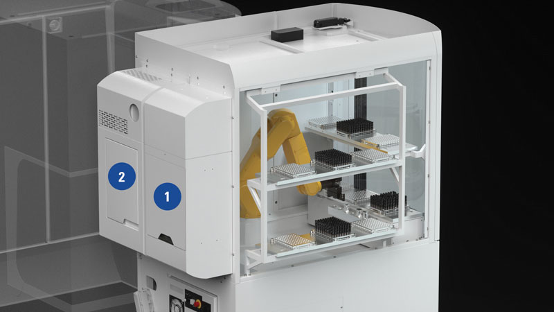 Caricatore robot con i moduli pulizia utensili (1) e marcatura laser (2) montati esternamente.