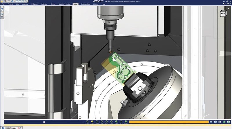 Ambiente di lavorazione virtuale del software Vericut di CGTech.